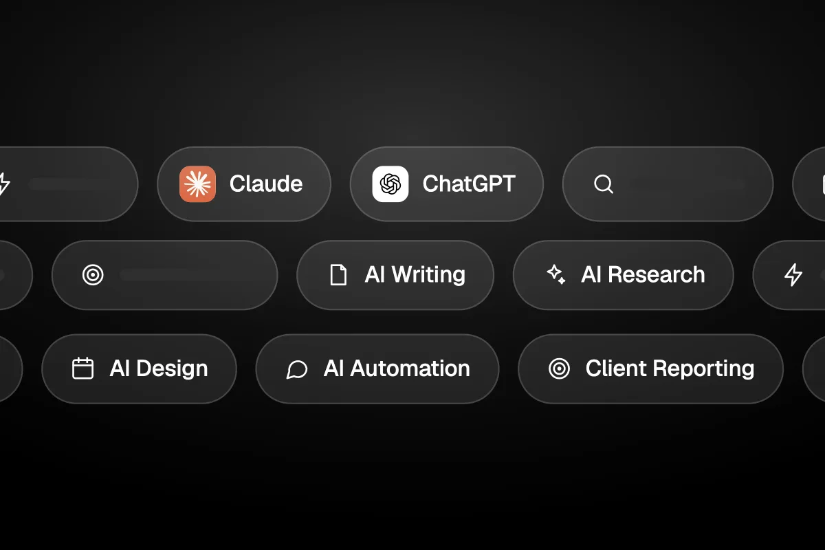 Illustration of tool category chips: AI Writing, AI Research, AI Design, AI Automation and Client Reporting