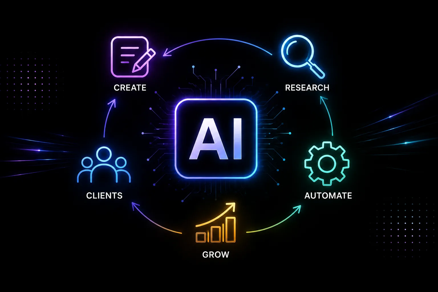 AI-powered marketing agency workflow combining artificial intelligence, automation, CRM, content creation, and client delivery.