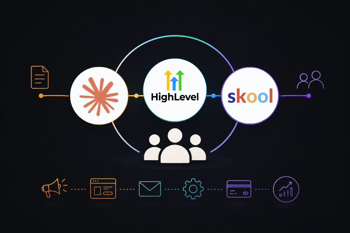 Agency membership business workflow using Claude AI, GoHighLevel CRM and automation, and Skool community platform.