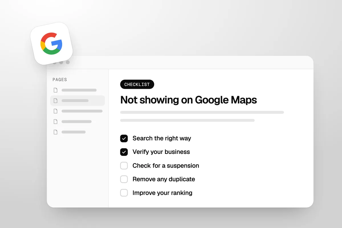 Illustration of a checklist titled Not showing on Google Maps with Search the right way and Verify your business ticked, then Check for a suspension, Remove any duplicate and Improve your ranking