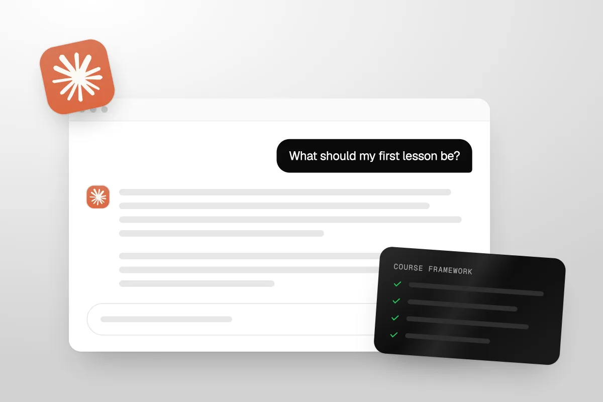 Illustration of an AI chat window asking what the first lesson should be, with a course framework card