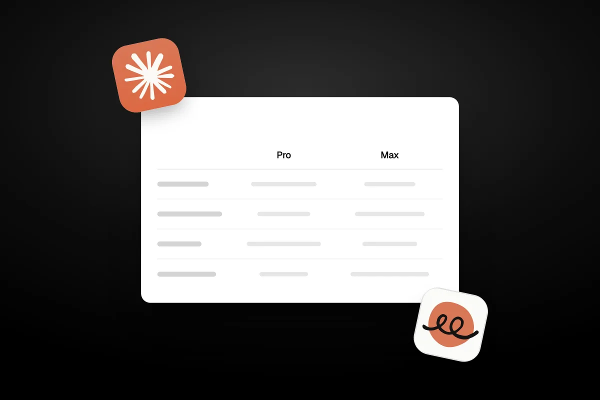 Illustration of a comparison table with two columns, Pro and Max, and the Claude and Claude Duet app icons