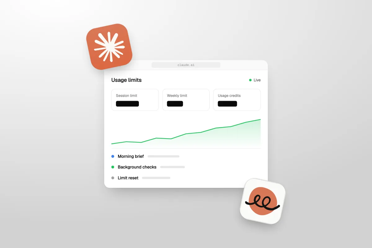 Illustration of a Claude usage dashboard showing Session limit, Weekly limit and Usage credits, with Morning brief, Background checks and Limit reset rows, and the Claude and Claude Duet app icons