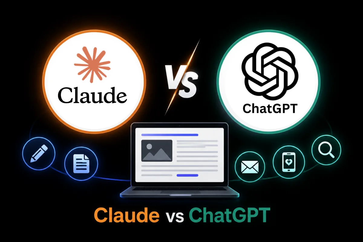 Claude and ChatGPT logos side by side with content marketing icons and the GoHighLevel logo on a dark background.