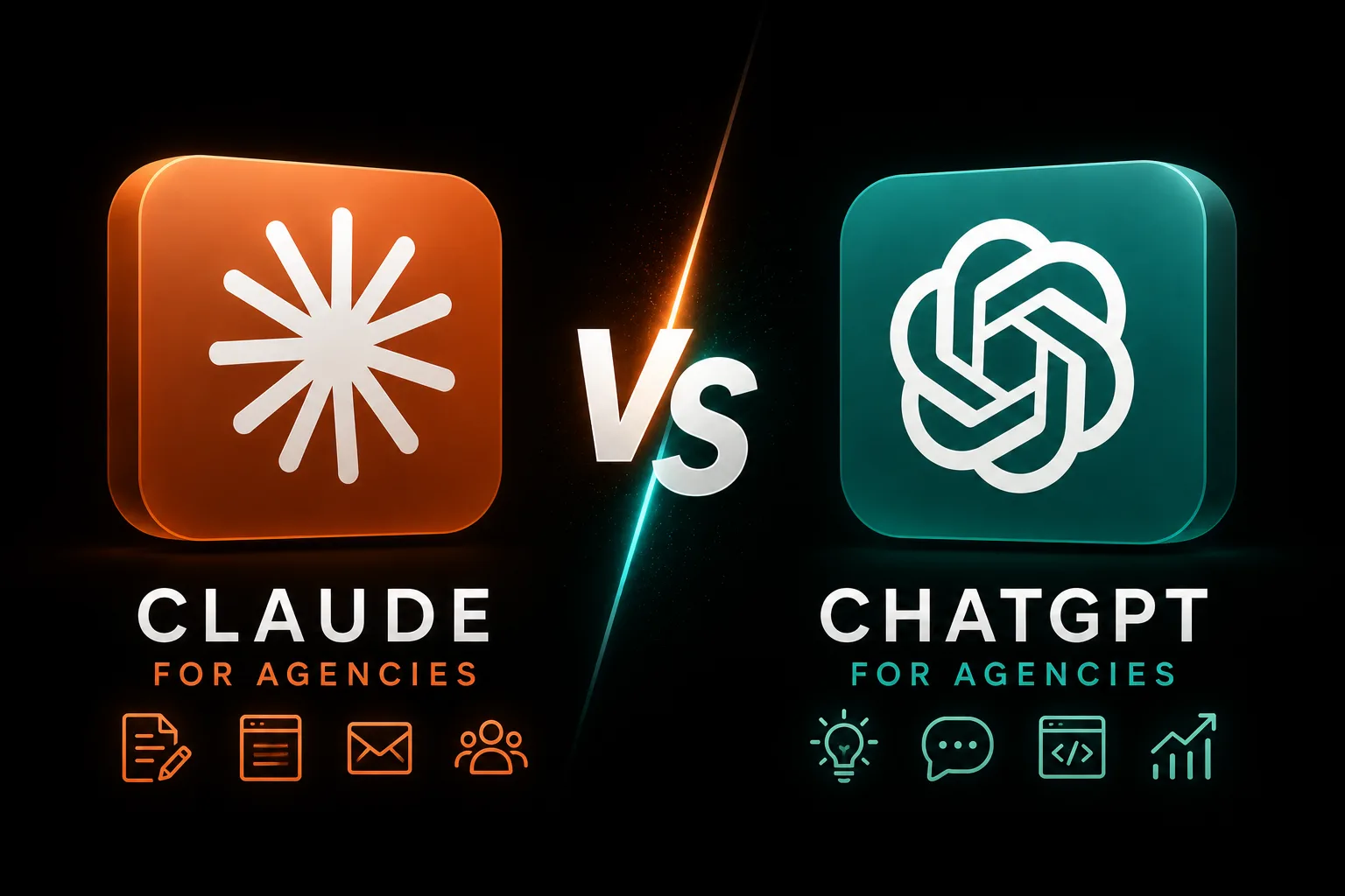 Claude AI and ChatGPT logos side by side with a VS icon on a dark background.