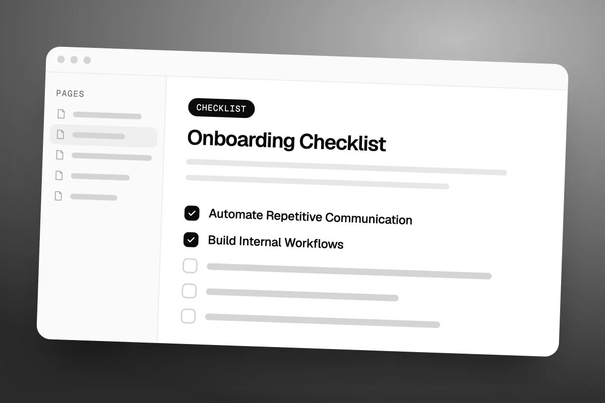 Illustration of an onboarding checklist document with items for automating communication and internal workflows