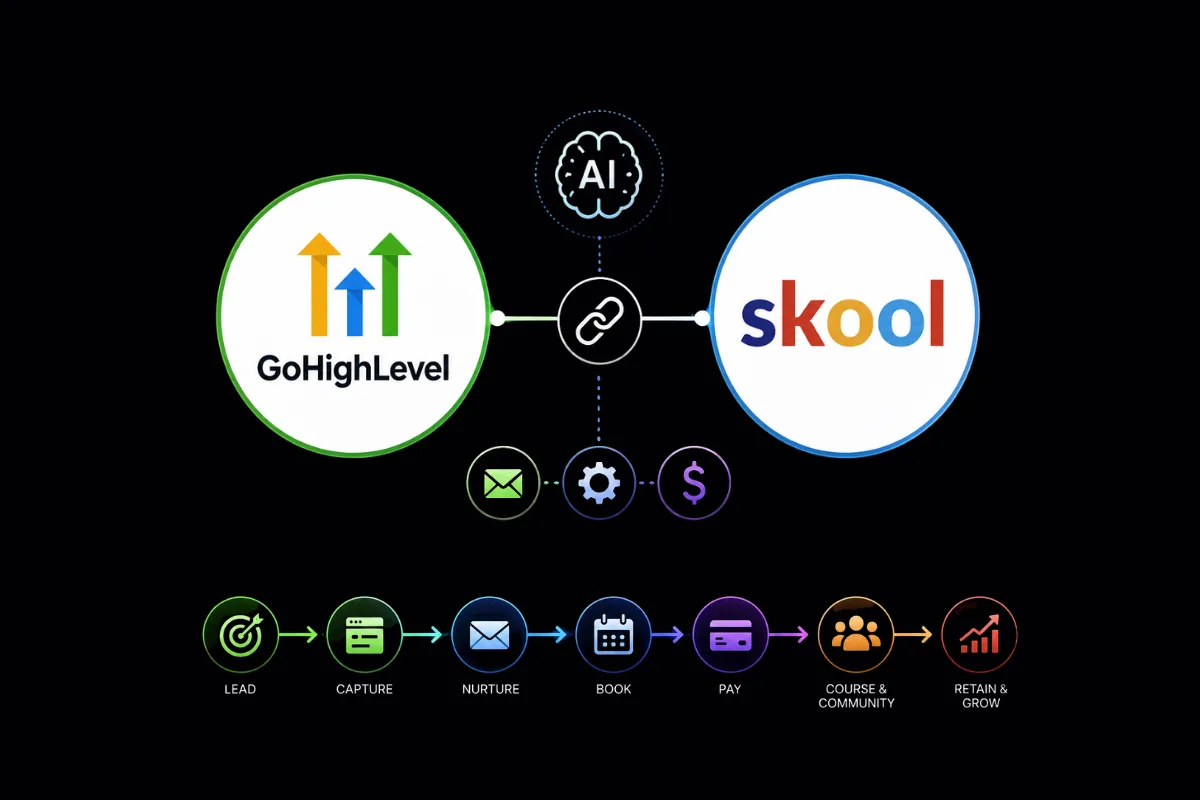 GoHighLevel and Skool logos connected by a customer journey funnel with CRM, automation, courses, and community icons.
