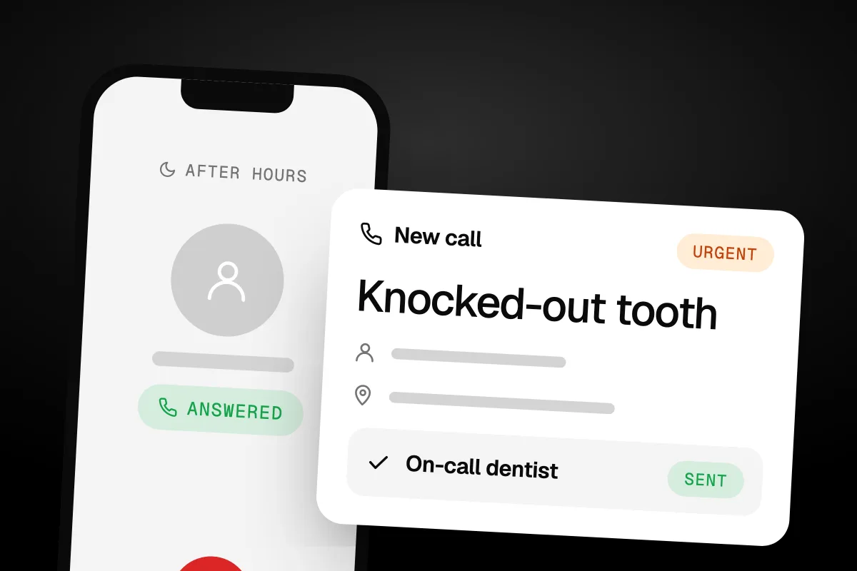 Illustration of a phone answering a call after hours next to a call card reading Knocked-out tooth, Urgent, sent to the on-call dentist