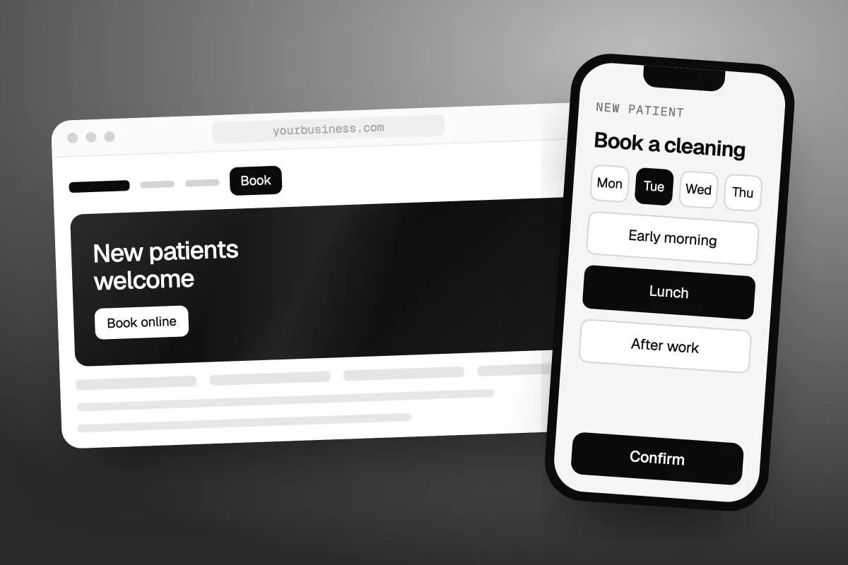 Illustration of a dental practice website saying New patients welcome with a Book online button, next to a phone booking a cleaning for a new patient