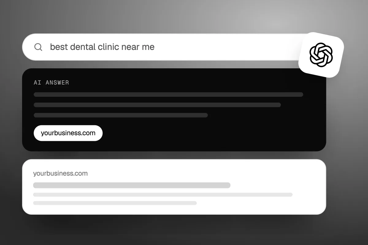 Illustration of a search for best dental clinic near me with an AI answer citing yourbusiness.com