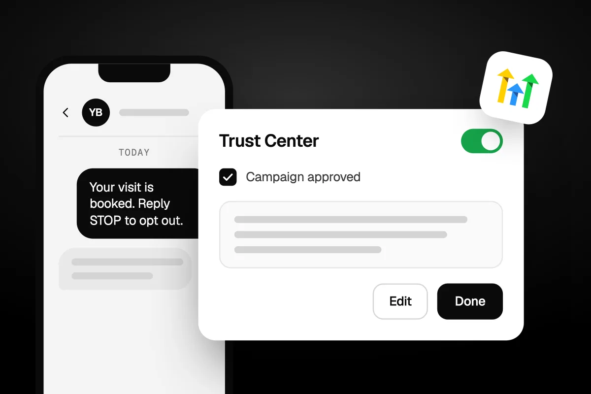 Illustration of a phone with a business text reading Your visit is booked. Reply STOP to opt out, next to a Trust Center card with Campaign approved ticked and a GoHighLevel badge