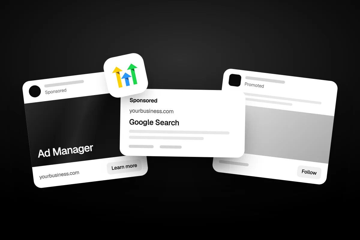 Illustration of a sponsored social ad reading Ad Manager next to a sponsored Google Search ad, with a GoHighLevel badge