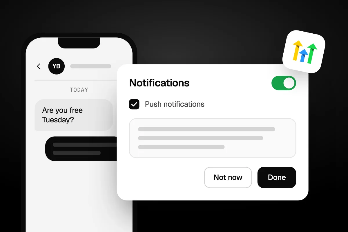 Illustration of a phone in the GoHighLevel app with a lead asking Are you free Tuesday?, next to a Notifications settings card with Push notifications switched on, and the GoHighLevel logo