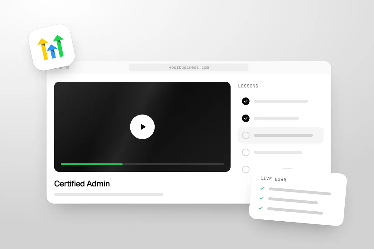 Illustration of a GoHighLevel Certified Admin course with a lesson list and a Live exam card