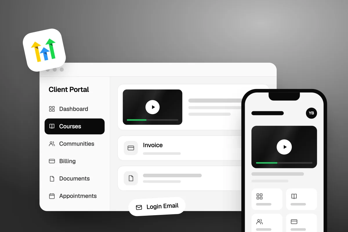 Illustration of a GoHighLevel Client Portal with Dashboard, Courses, Communities, Billing, Documents and Appointments, a course and an invoice, the same portal on a phone, and a Login Email notice