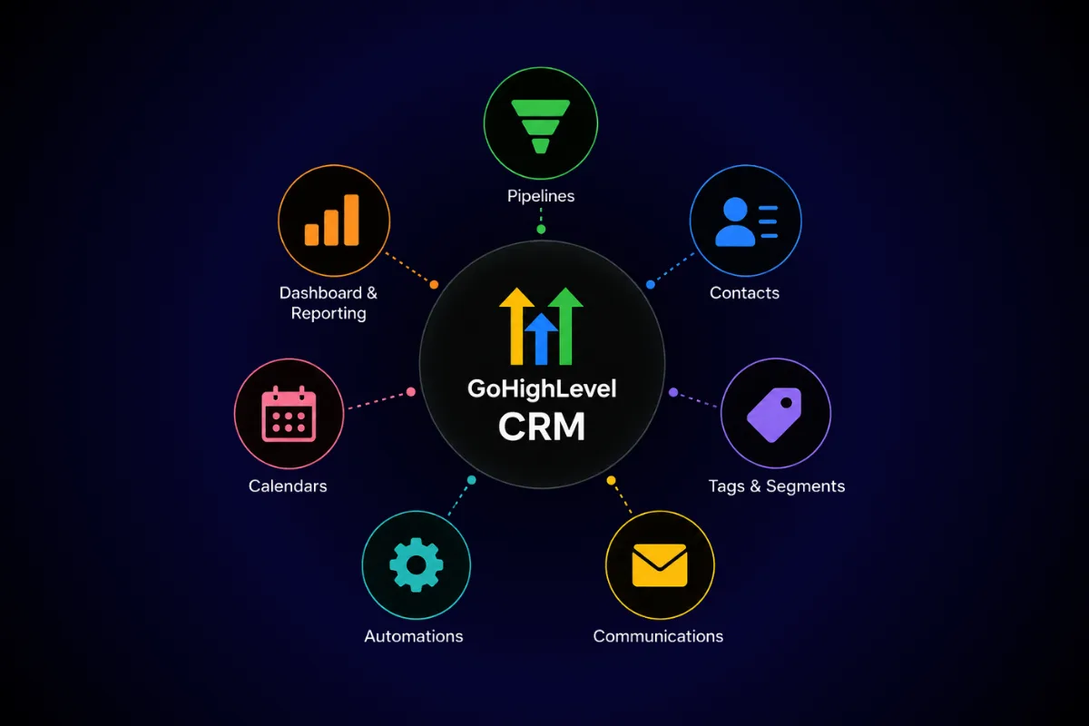 GoHighLevel CRM dashboard with sales pipeline, contacts, and automation workflow.