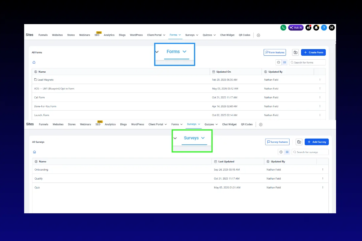 GoHighLevel Forms and Surveys dashboard showing lead qualification and data collection tools.