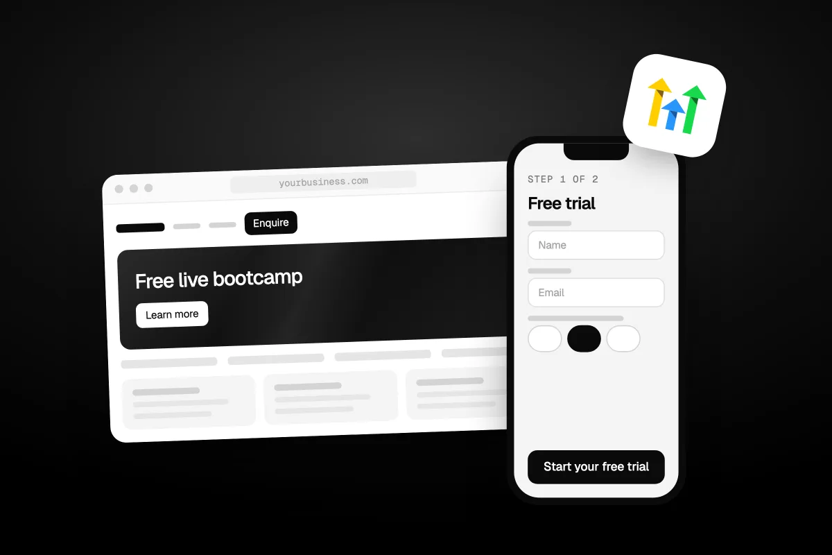 Illustration of a GoHighLevel sign-up form on a phone reading Free trial and Start your free trial, in front of a Free live bootcamp page