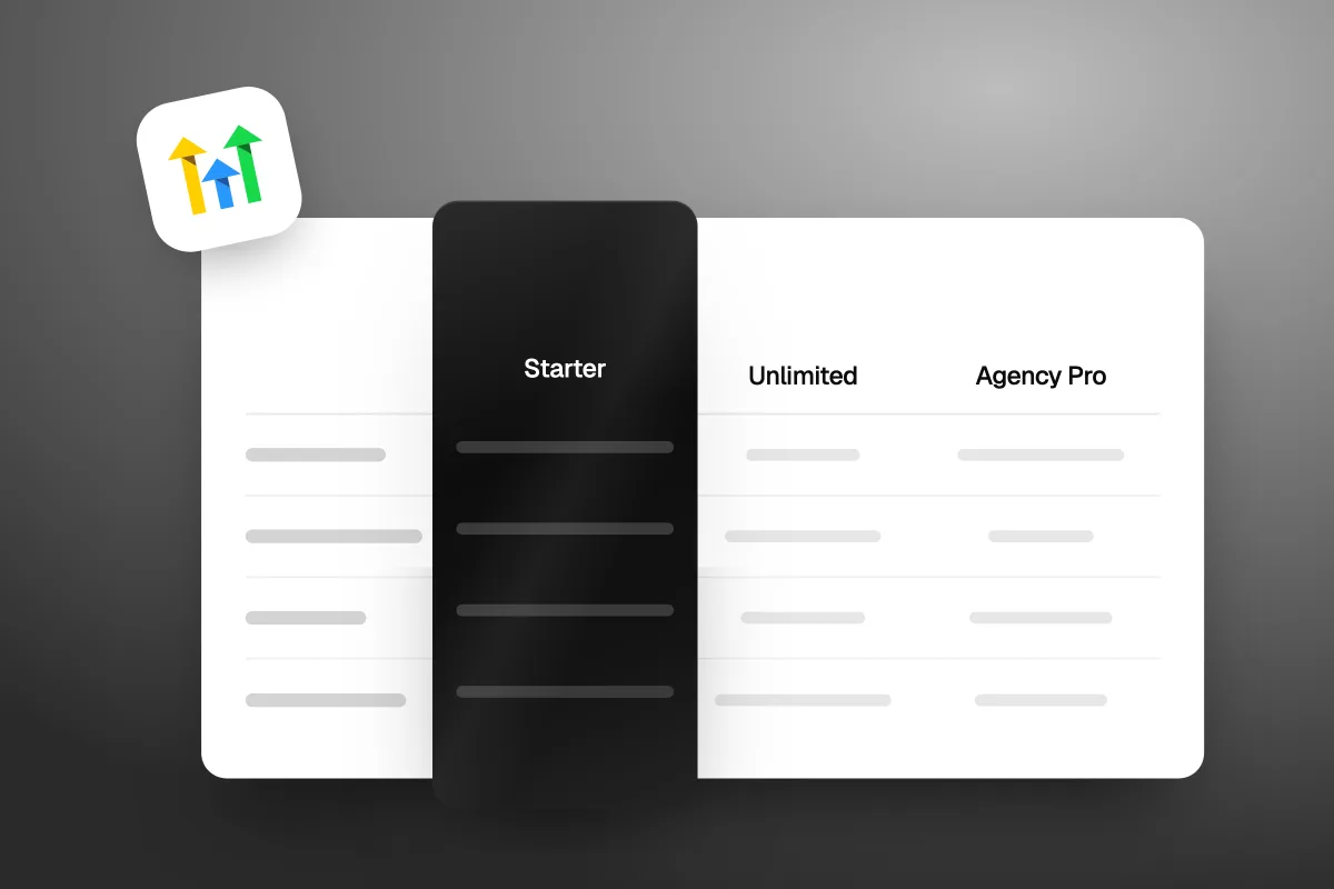 Illustration of a GoHighLevel plan table with Starter, Unlimited and Agency Pro columns, Starter highlighted