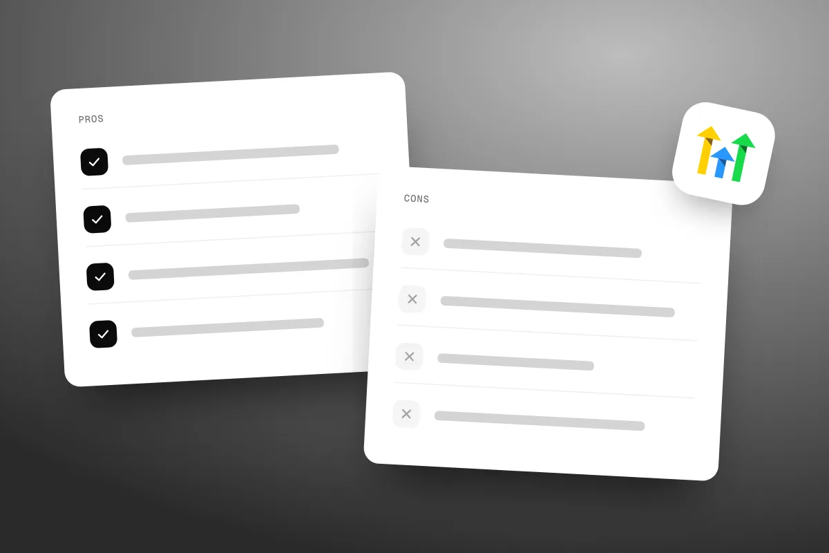 Illustration of two review cards side by side, Pros with ticks and Cons with crosses, with the GoHighLevel logo