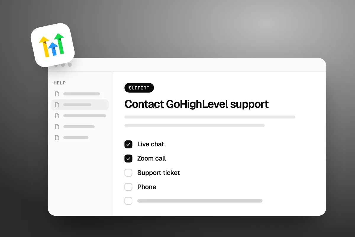 Illustration of a help page titled Contact GoHighLevel support with a Support tag and four options: Live chat, Zoom call, Support ticket and Phone, with the GoHighLevel logo