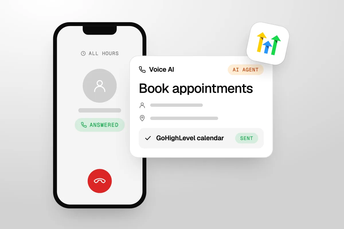 Illustration of a phone answering a call at all hours next to a Voice AI call card from an AI agent that reads Book appointments, sent to the GoHighLevel calendar