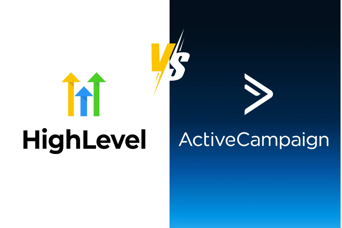 Illustration featuring GoHighLevel and ActiveCampaign comparison on which platform is better for agencies, coaches, and service businesses