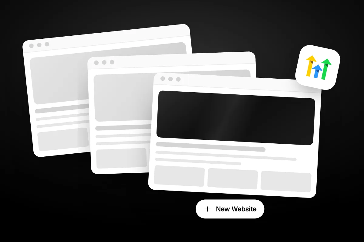 Illustration of three website page layouts stacked on top of each other with a New Website button and a GoHighLevel badge
