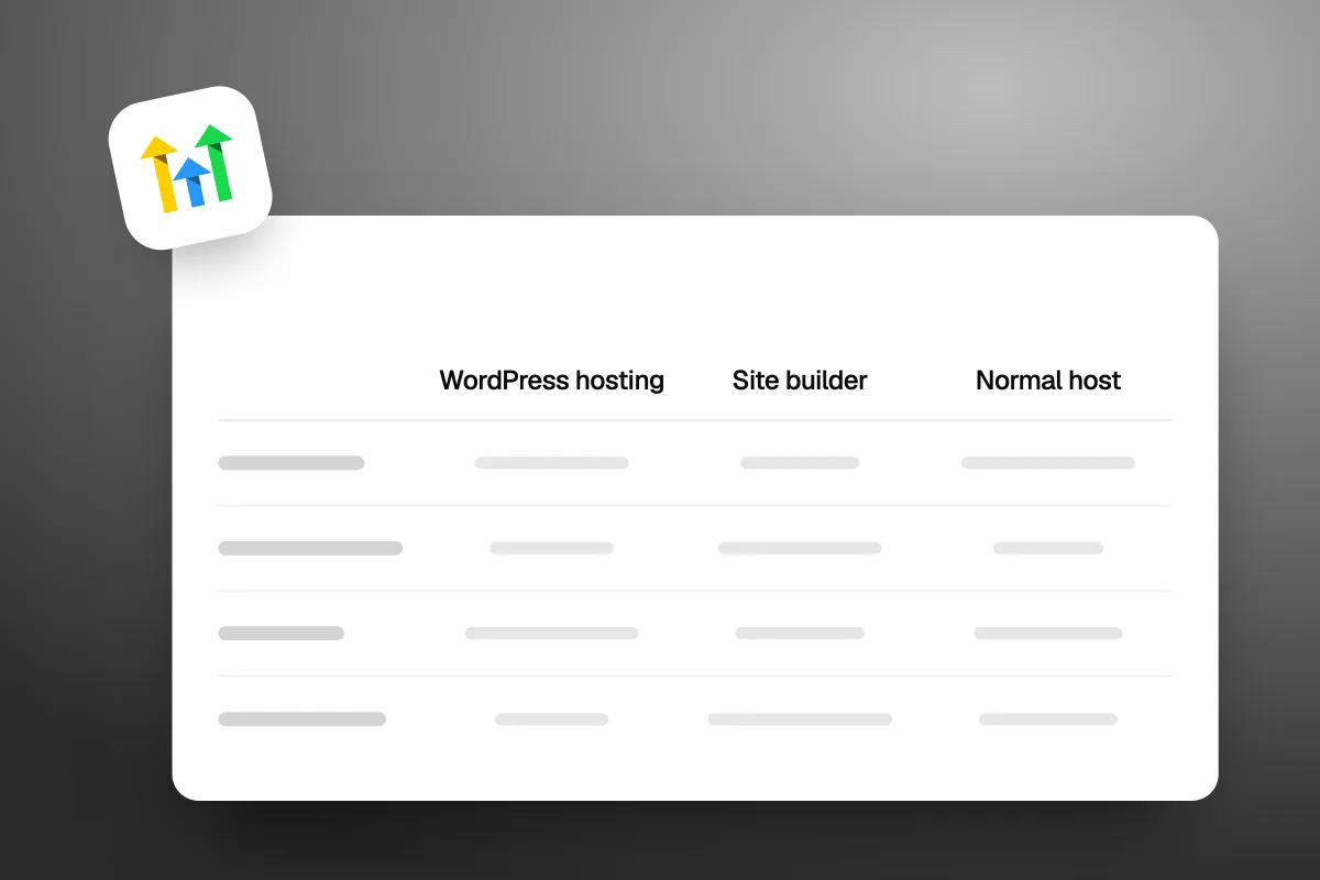 Illustration of a comparison table with WordPress hosting, Site builder and Normal host columns, no winner marked, and a GoHighLevel badge