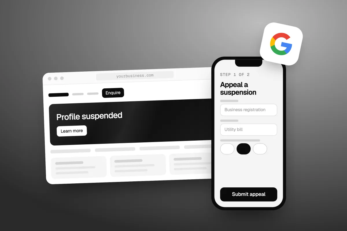 Illustration of a business profile page reading Profile suspended next to a phone with an appeal form, Business registration and Utility bill attached and a Submit appeal button