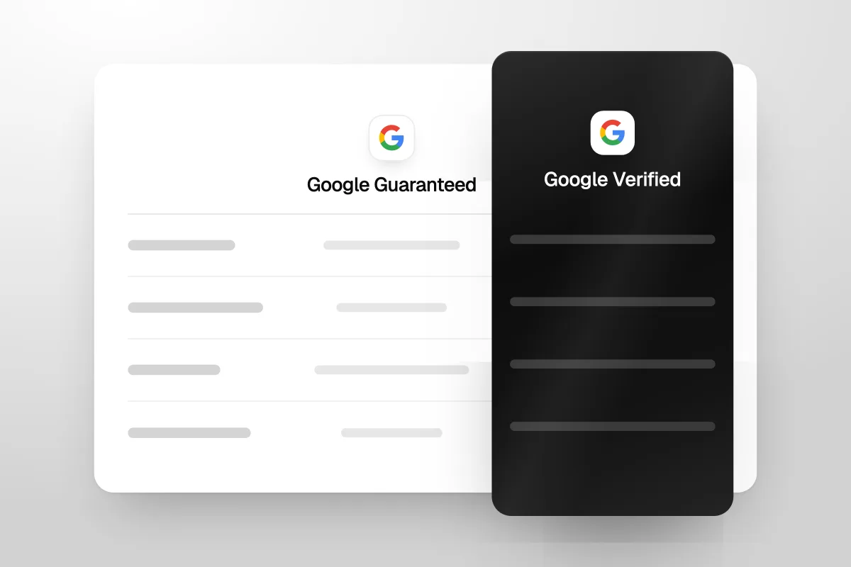 Illustration of a comparison table with a Google Guaranteed column next to a highlighted Google Verified column, with a Google badge