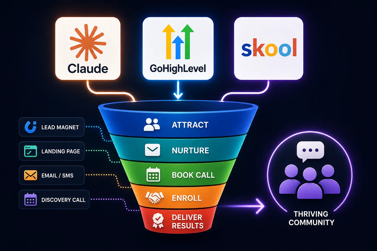 High-ticket coaching funnel showing Claude AI, GoHighLevel CRM and automation, and Skool coaching community.