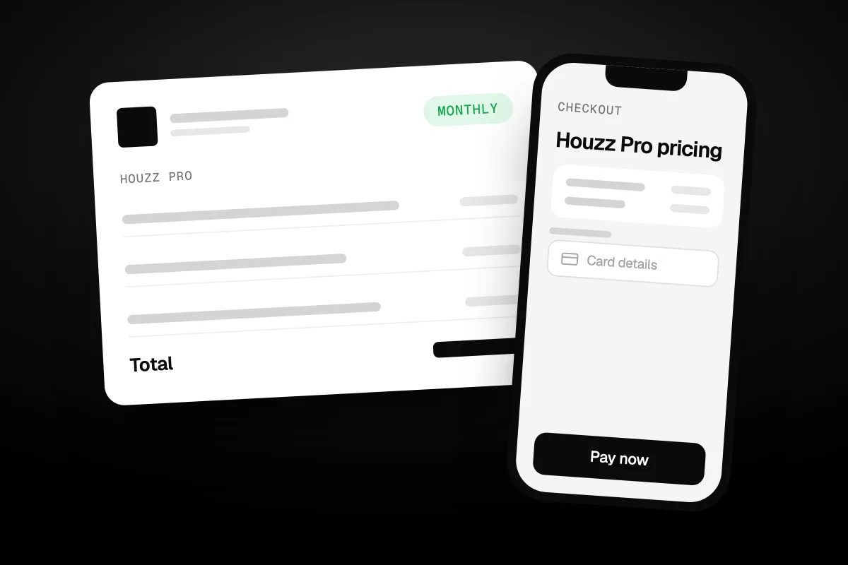 Illustration of a monthly Houzz Pro invoice next to a phone checkout reading Houzz Pro pricing, with the prices shown as grey bars