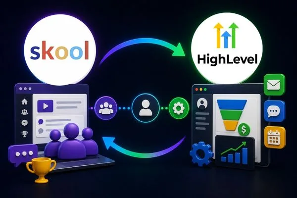 Skool and GoHighLevel logos connected by arrows showing the coaching client journey from lead generation to community access.