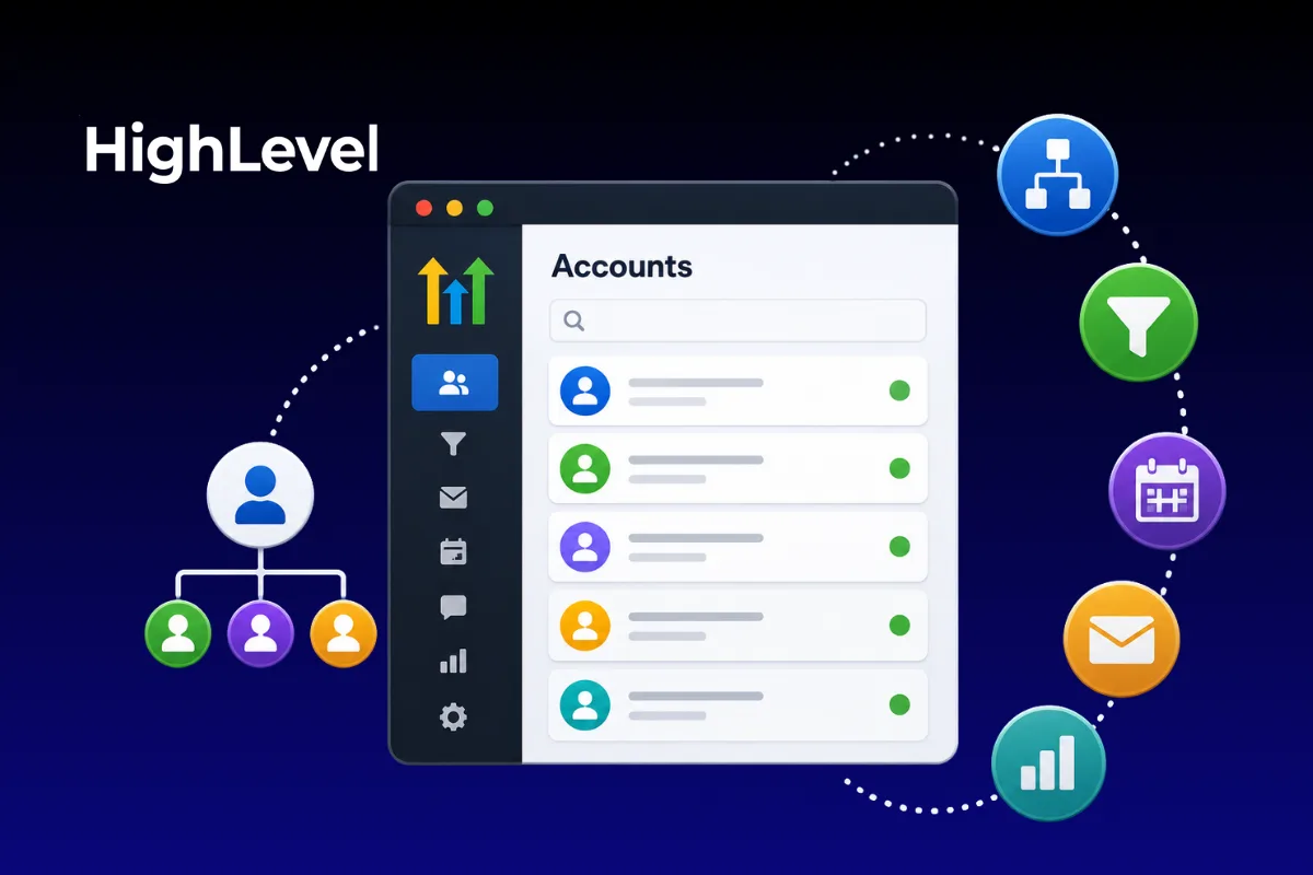 GoHighLevel dashboard showing multiple organized client accounts and workflows.