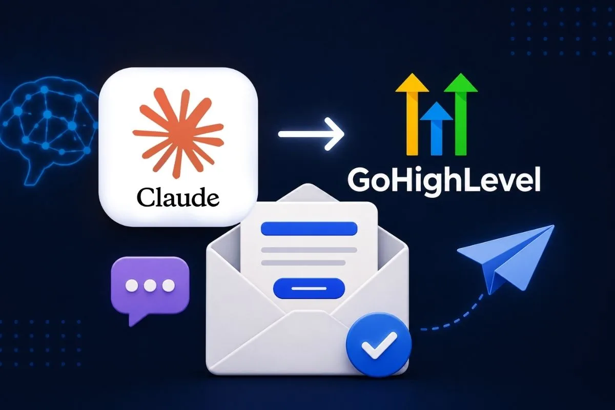 Claude AI and GoHighLevel logos with email marketing icons on a dark background.