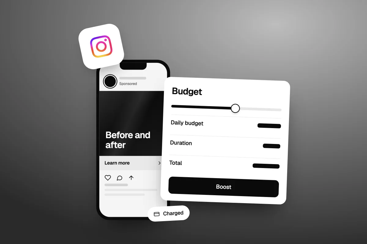 Illustration of a phone showing a Sponsored Instagram ad that reads Before and after, next to a Budget card with Daily budget, Duration and Total and a Boost button, and a Charged note