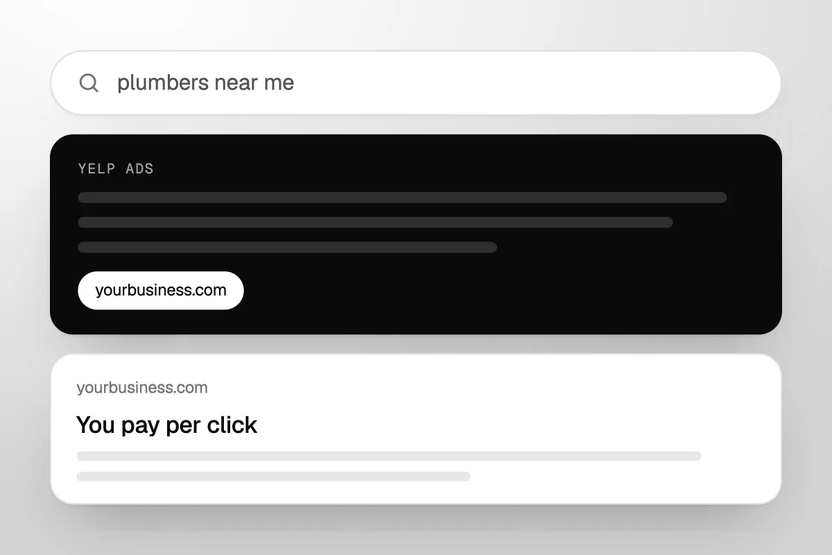 Illustration of a local search for plumbers near me with a Yelp Ads card above a result card that says You pay per click