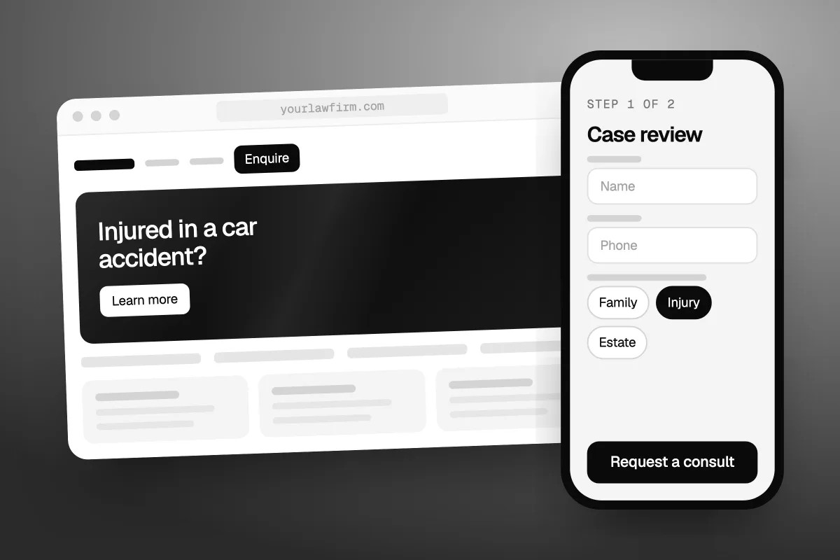 Illustration of a law firm website asking Injured in a car accident? next to a phone showing a Case review intake form with Injury selected and a Request a consult button