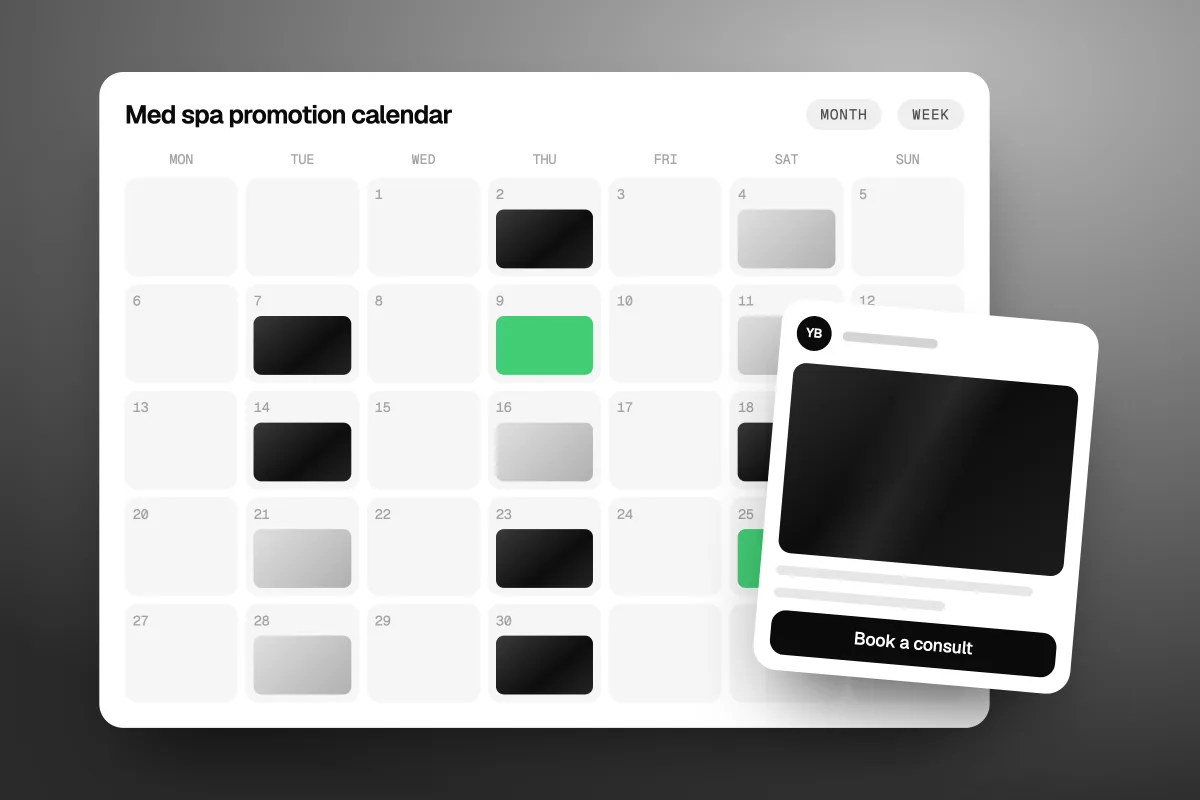 Illustration of a med spa promotion calendar with treatments planned across the month, next to a post card with a Book a consult button