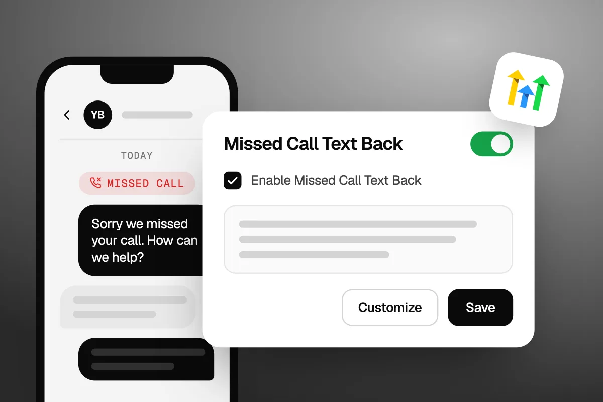 Illustration of a phone showing a missed call and an automatic text reading Sorry we missed your call. How can we help?, next to a Missed Call Text Back setting switched on