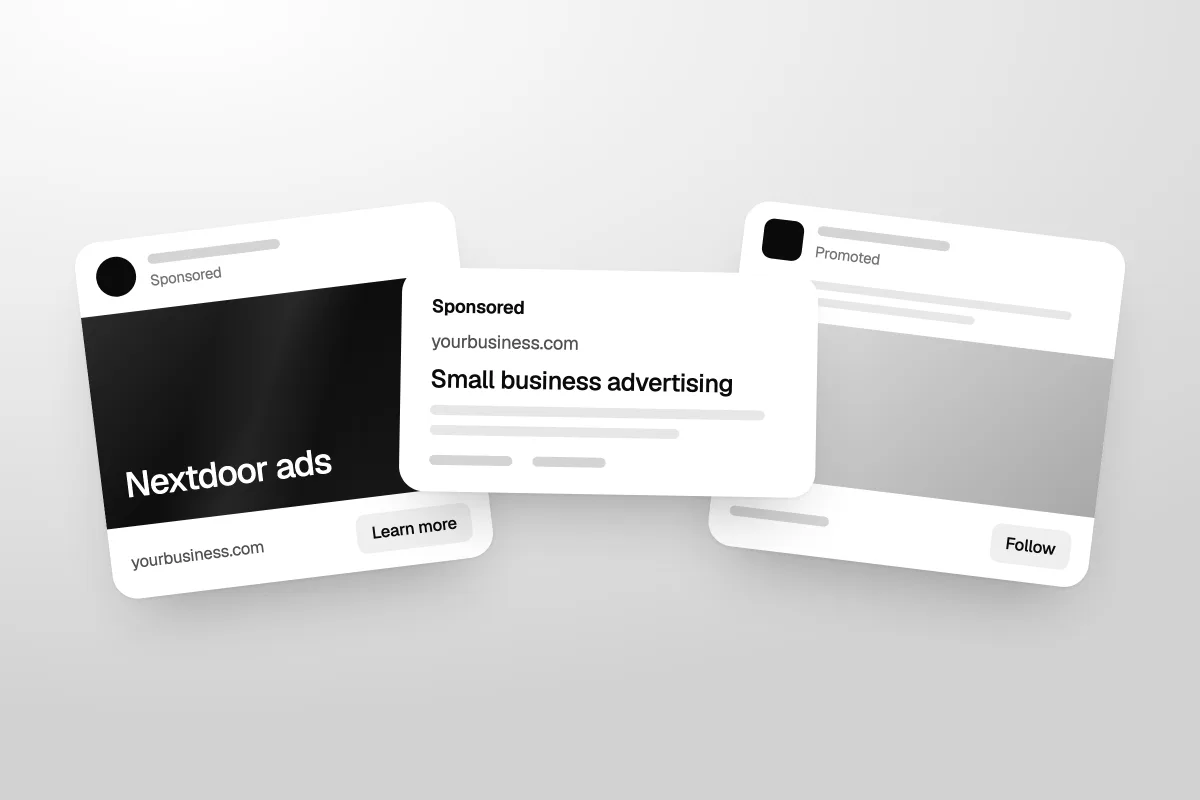 Illustration of sponsored local ad cards, one reading Nextdoor ads and one headed Small business advertising