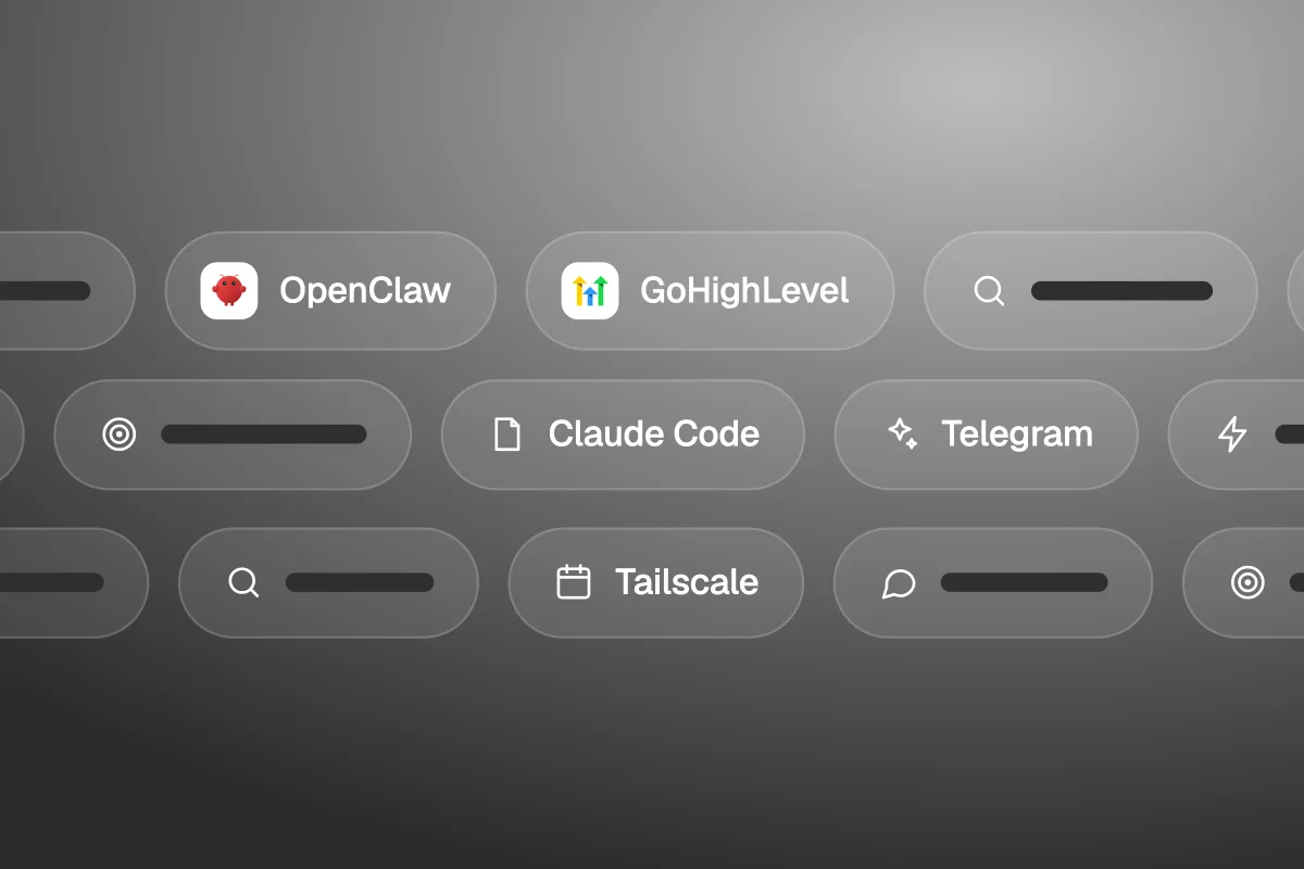 Illustration of tool chips for OpenClaw, GoHighLevel, Claude Code, Telegram and Tailscale