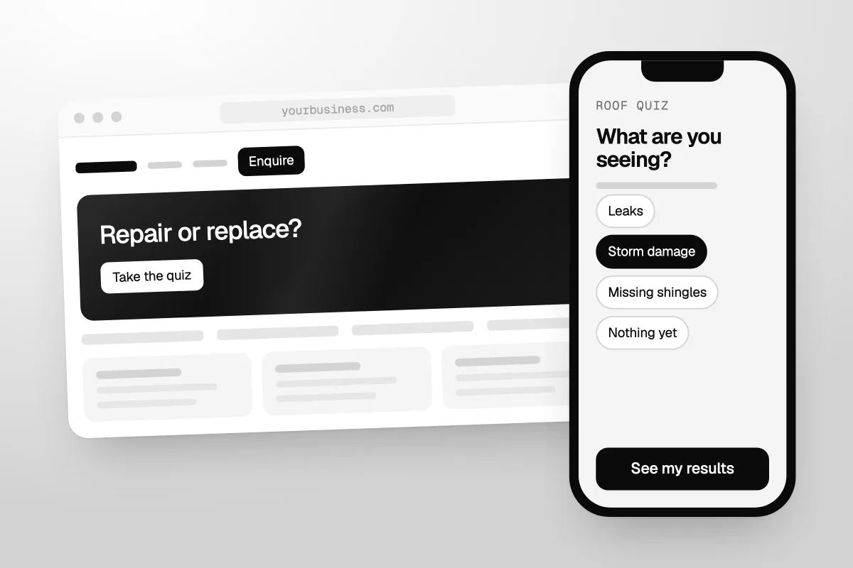 A landing page asking Repair or replace? with a Take the quiz button, next to a phone showing a roof quiz question with answer buttons and a See my results button