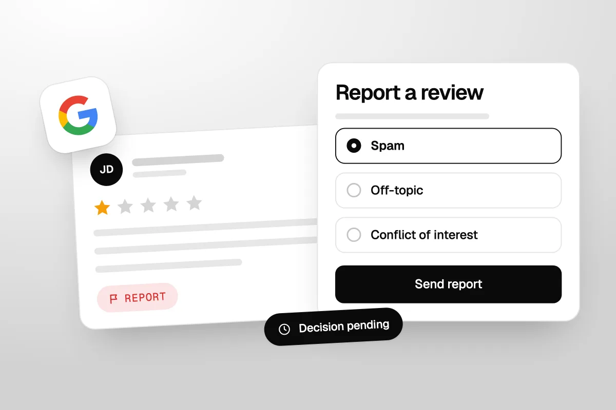 Illustration of a one-star Google review with a Report button next to a Report a review card with Spam picked and Send report, and a Decision pending status