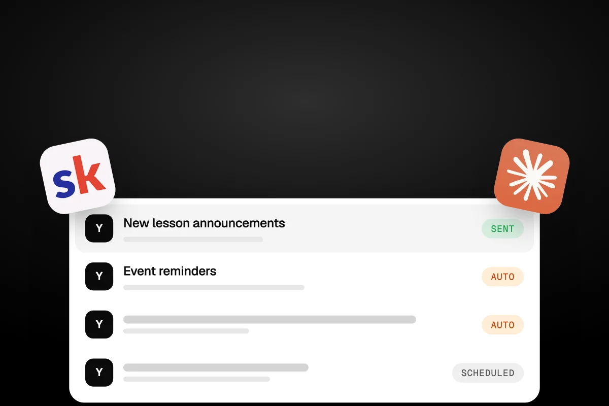 Illustration of an inbox with automated member emails: New lesson announcements and Event reminders