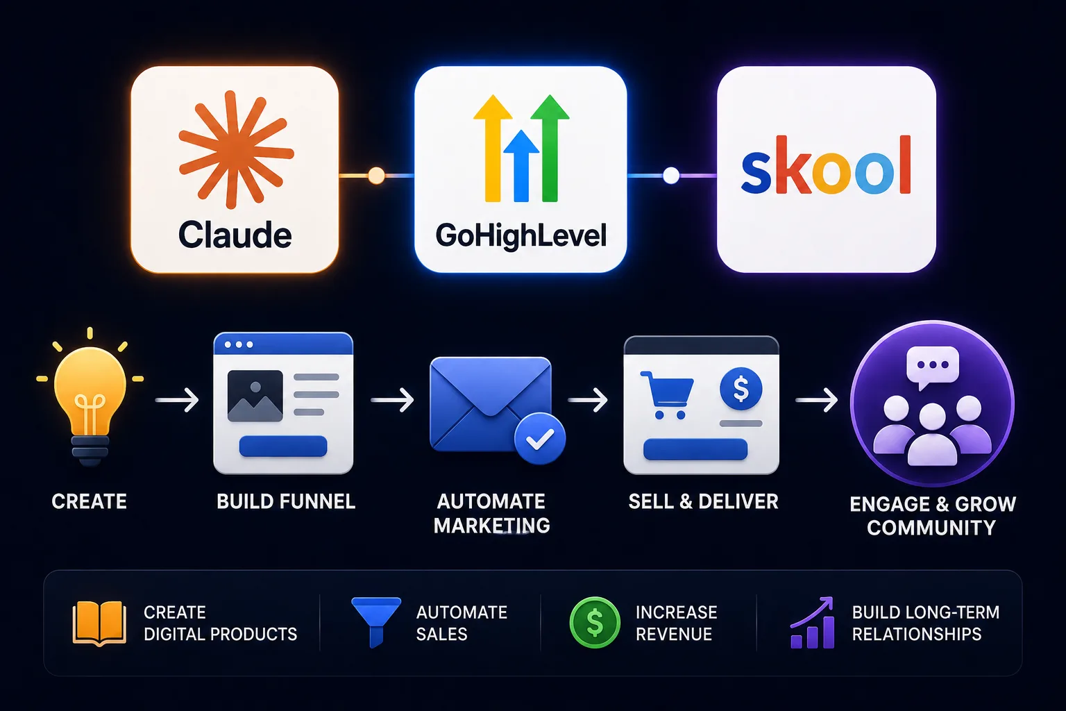 Digital product business workflow using Claude AI, GoHighLevel automation, and Skool community platform.