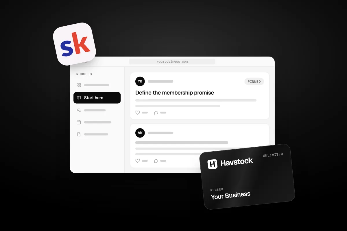 Illustration of a community feed with a pinned post about the membership promise and a black member card