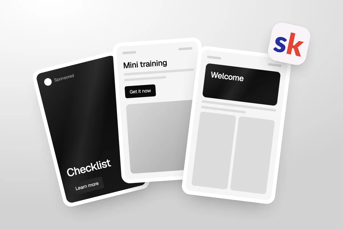 Illustration of three fanned phone pages for a course launch: a checklist ad, a mini training page and a welcome page
