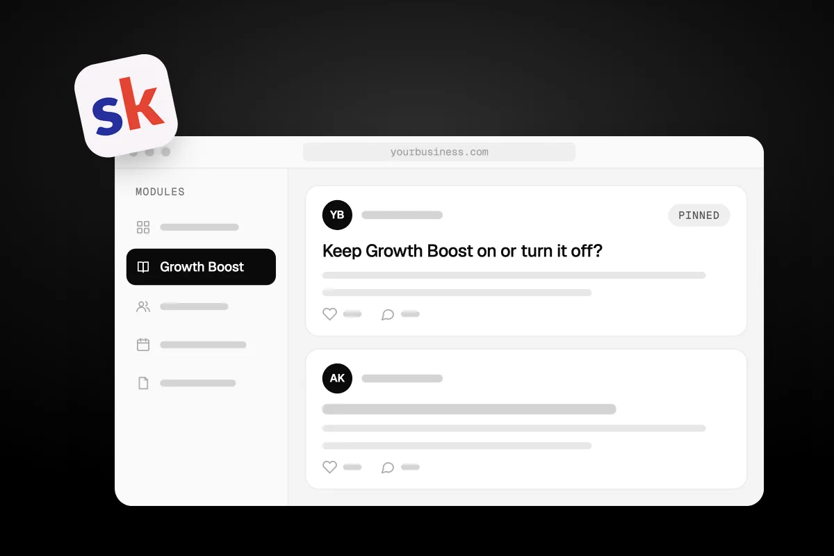 Illustration of a Skool community with a Growth Boost module open and a pinned post asking Keep Growth Boost on or turn it off?